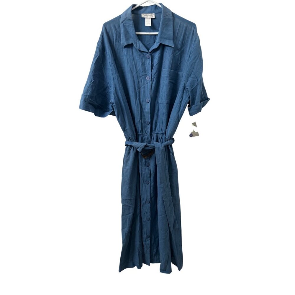 VTG Periphery Cotton Button-Up Shirt Dress 3x Belt Short Sleeves Cottagecore NOS